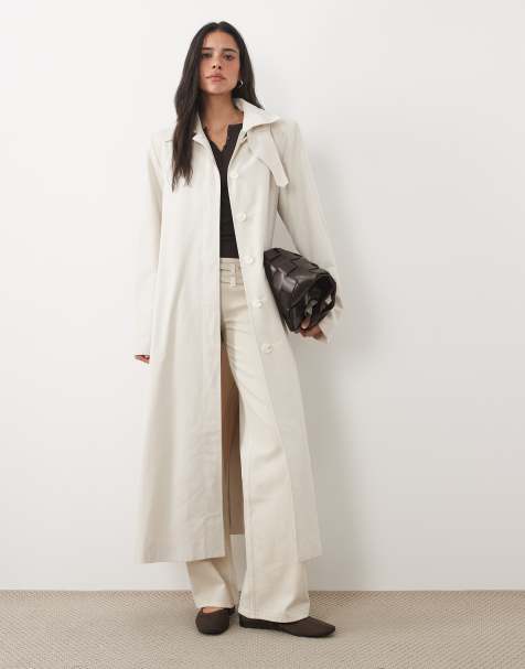 4th & Reckless funnel buckle neck detail button through midi trench coat in cream - view 1