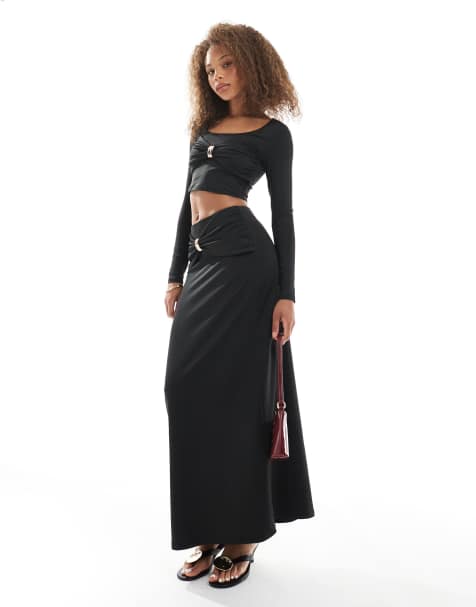 4th & Reckless gathered gold hardware detail maxi skirt co-ord in black