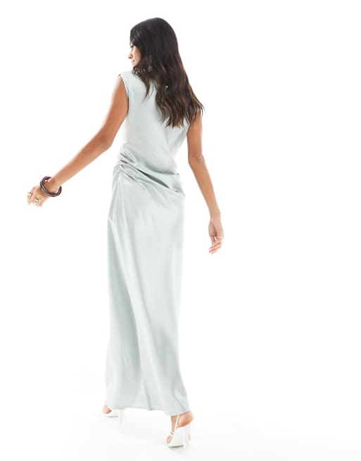 4th & Reckless gathered waist drape detail slash neck satin maxi dress in light blue, 3 of 4