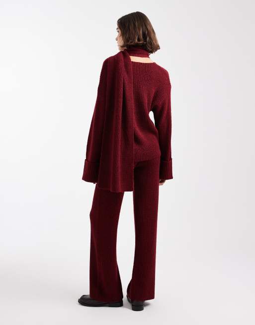 4th & Reckless - Gebreide broek met wijde pijpen in bordeauxrood, deel van co-ord set, 4 van 5