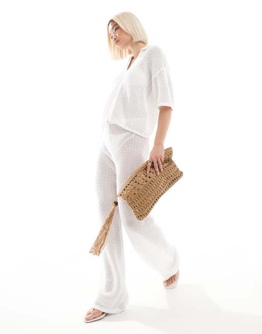 4th & Reckless - Gebreide co-ord strandset van overhemd en broek in wit