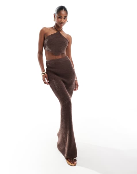4th & Reckless - Gebreide lange strandrok met hoge taille in chocoladebruin, deel van co-ord set - view 1