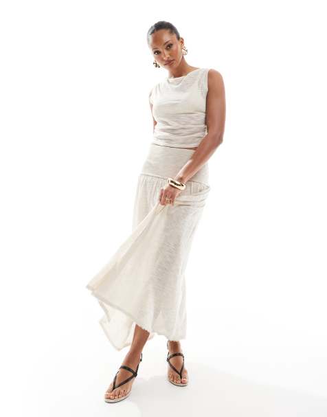 4th & Reckless - Gebreide maxi rok met brede tailleband en verlaagde taille in beige, deel van co-ord set - view 1