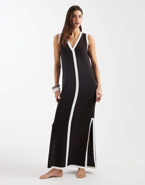 4th & Reckless - Gebreide maxi strandjurk met V-hals in chocoladebruin - view 1