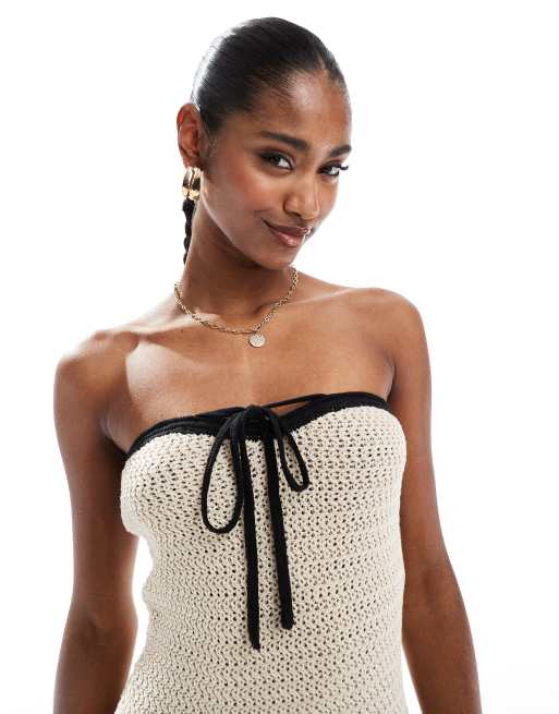 4th & Reckless – Gehäkeltes Maxi-Strandkleid in Ecru mit gebundener Vorderseite und farblich abgesetzter Kante , 3 von 4