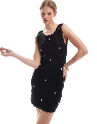 4th & Reckless - Gehäkeltes Mini-Strandkleid in Schwarz mit Perlenverzierung und Bogenkante
