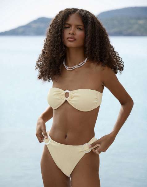 4th & Reckless – Gekräuseltes Set in Gelb, aus trägerlosem Bikinioberteil mit Perlmutt-Ringdetail und Bikinihose - view 1