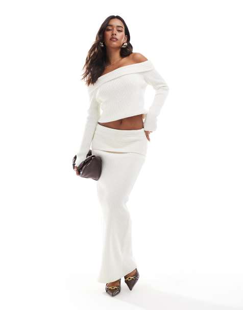 4th & Reckless - Geribbelde gebreide maxi rok met omslag in crème, deel van co-ord set - view 1
