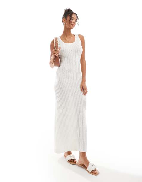 4th & Reckless - Geribbelde gebreide mouwloze maxi jurk met lage ronde hals in crème - view 1
