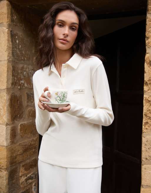 4th & Reckless - Geribbelde top met lange mouwen en kraagje in crème, deel van co-ord set