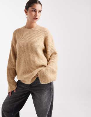 4th & Reckless - Gerippter Oversize-Pullover in Camel mit Wolloptik und weiten Ärmeln-Neutral