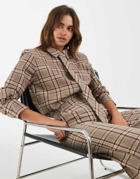 4th & Reckless - Geruit overhemd van katoen met schoudervullingen en strikdetail in beige, deel van co-ord set - view 1