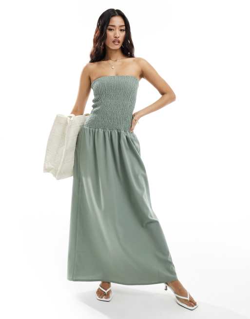 4th & Reckless - Gesmokte maxi bandeau-jurk met verlaagde taille in saliegroen