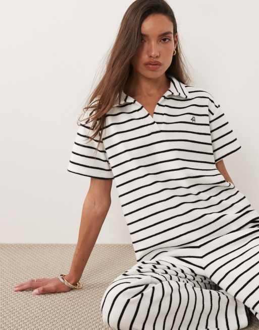 4th & Reckless - Co-ord set van gestreepte polotop met kraagje en short van katoenrijke badstof in zwart en wit, 2 van 4