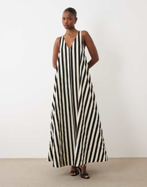 4th & Reckless – Gestreiftes, trapezförmiges Maxikleid aus Baumwolle in Braun und Weiß mit verdrehtem Rückendetail - view 1