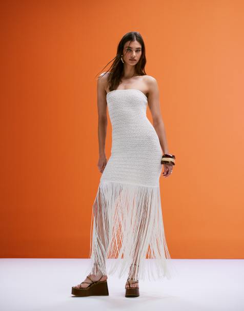 4th & Reckless – Gestricktes Midikleid in Creme mit Fransen - view 1