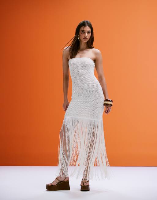 4th & Reckless – Gestricktes Midikleid in Creme mit Fransen