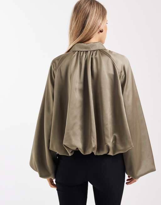 4th & Reckless - Giacca bomber con colletto in raso kaki con fondo e maniche a palloncino, 4 di 4