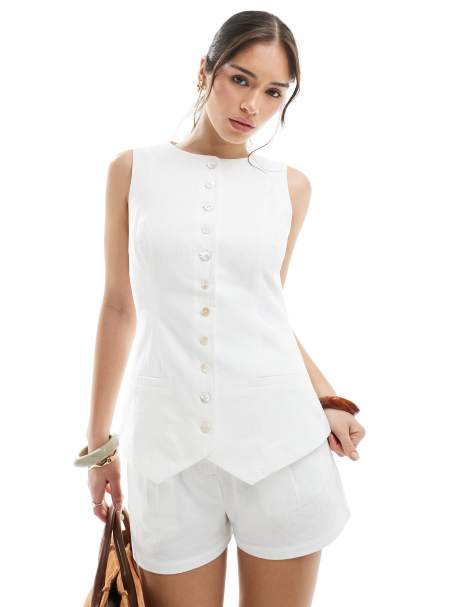 4th & Reckless - Gilet met linnenlook en knoopsluiting in wit, deel van co-ord set - view 1