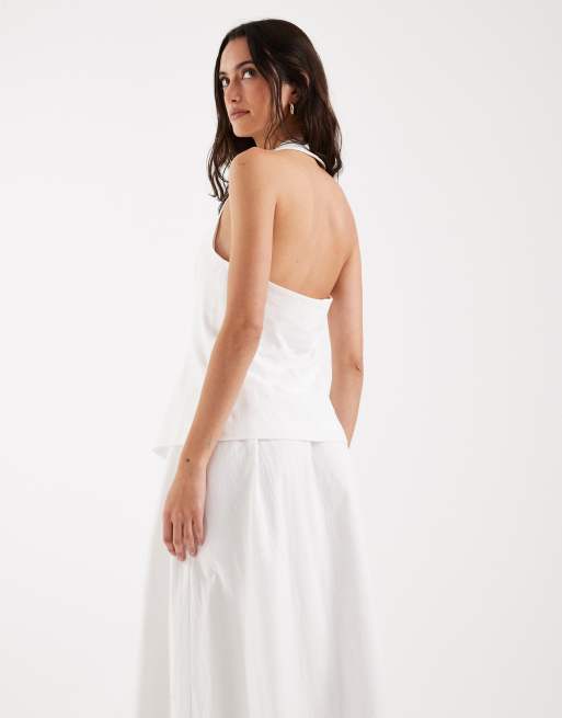 4th & Reckless - Gilet senza maniche allacciato al collo in cotone bianco in coordinato, 4 di 4