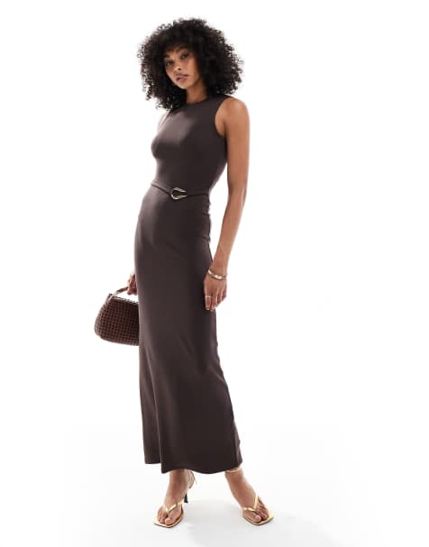 4th & Reckless gold hardware belt detail sleeveless maxi dress in chocolate - view 1