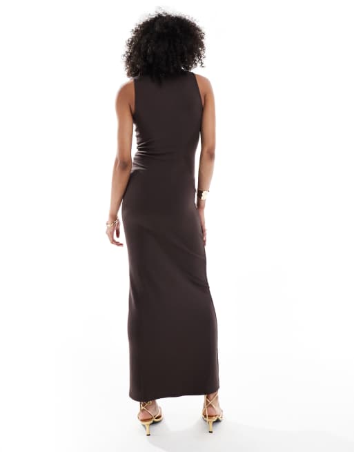 4th & Reckless gold hardware belt detail sleeveless maxi dress in chocolate, 4 of 4