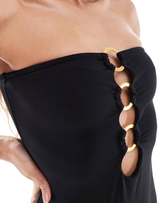 4th & Reckless gold ring detail cutout bandeau swimsuit in black, 3 of 4