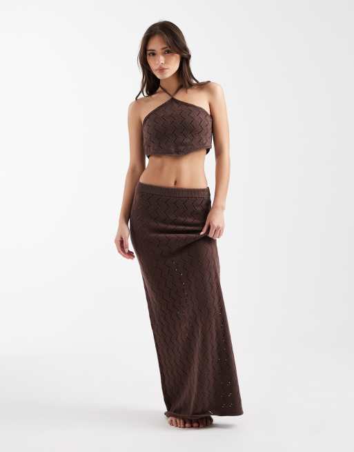 4th & Reckless - Coordinato con top allacciato al collo e gonna lunga da mare in misto cotone con motivo a zig-zag color cioccolato, 2 di 3