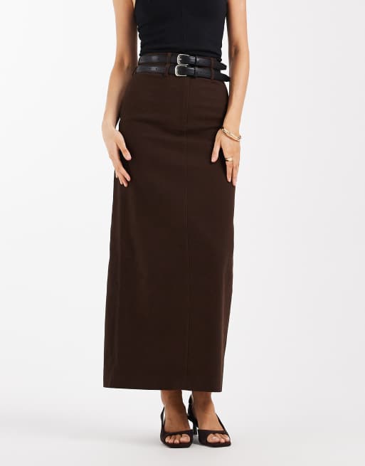 4th & Reckless - Gonna lunga a colonna in misto cotone color cioccolato con doppia cintura in coordinato, 2 di 5