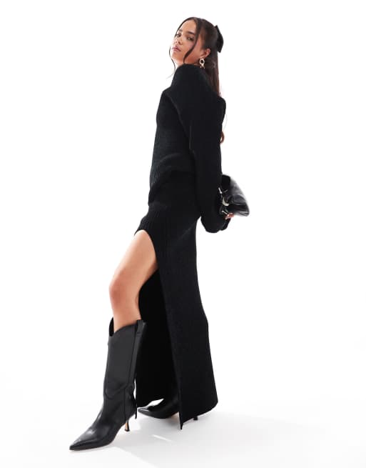 4th & Reckless - Gonna lunga in maglia nera a coste morbide in coordinato