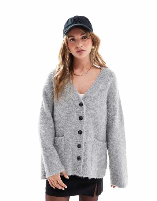 4th & Reckless - Grå longline cardigan med tekstur og knapper i uldblanding