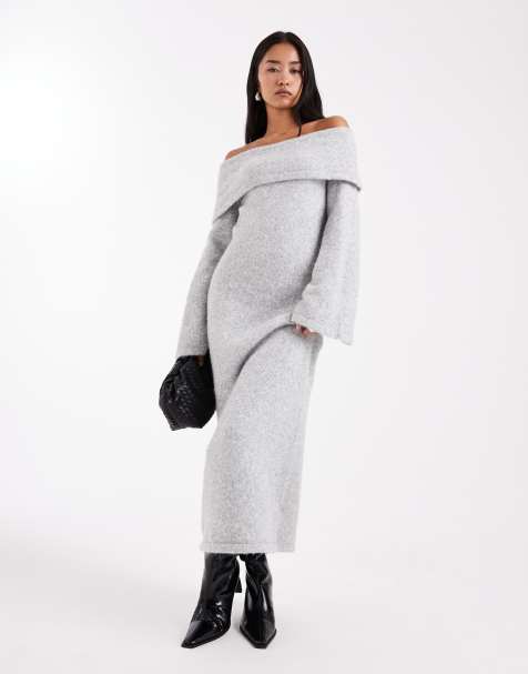 4th & Reckless - Grå sweater-maxikjole med bardot-fold og klokkeformede ærmer i uldagtig strik - view 1