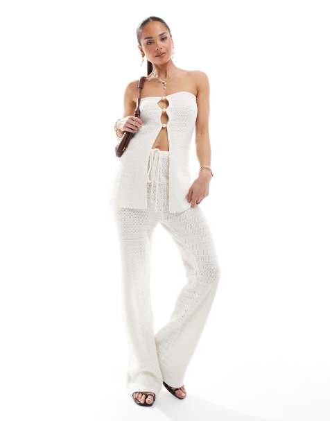 4th & Reckless – Gräddvitt, virkat strandset med pärlprydd bandeau-topp och byxor - view 1