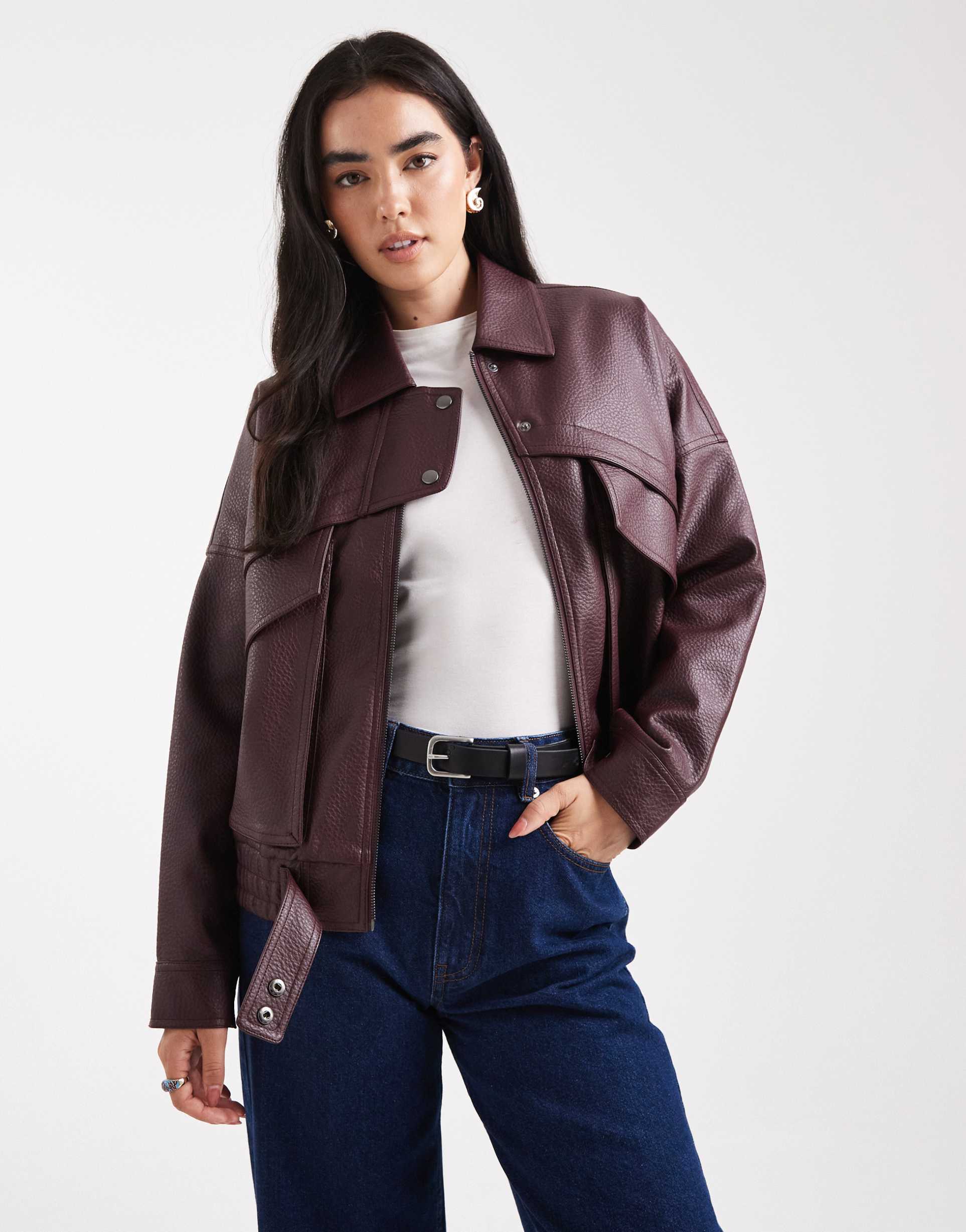 4th & reckless grained faux leather pocket detail bomber jacket in burgundy
