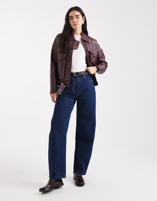 4th & Reckless grained faux leather pocket detail bomber jacket in burgundy