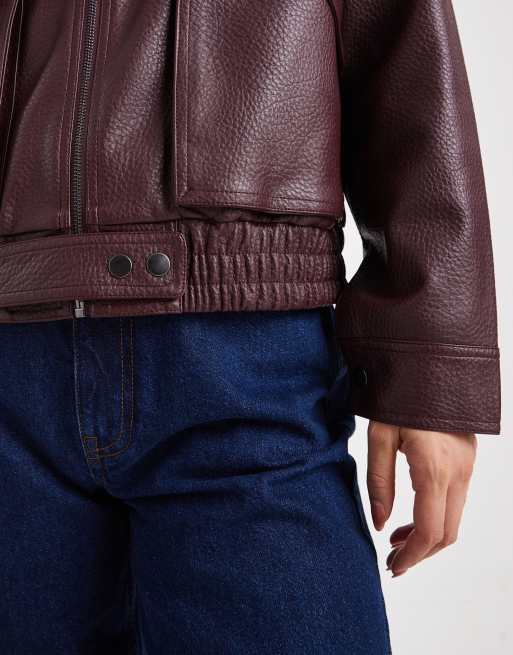 4th & Reckless grained faux leather pocket detail bomber jacket in burgundy