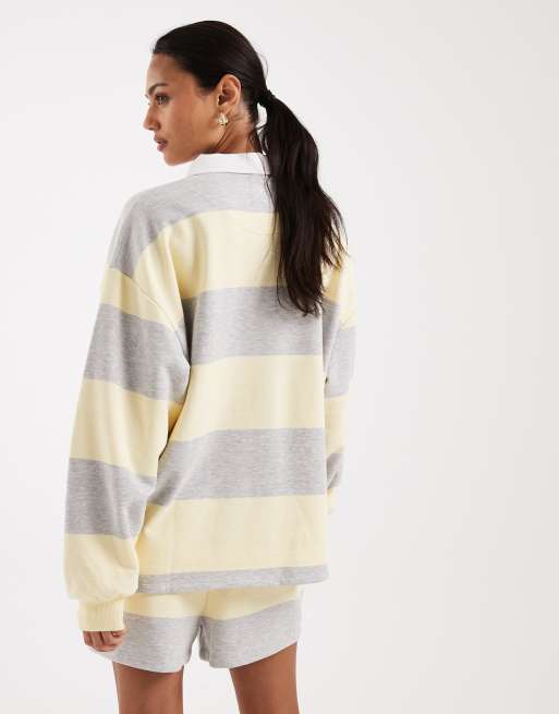 4th & Reckless – Gul- och grårandig sweatshirt i rugbystil med krage, del av set, 4 av 4