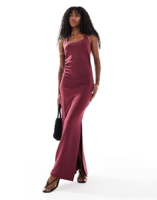 halterneck knot detail open back side slit maxi dress in plum-Purple
