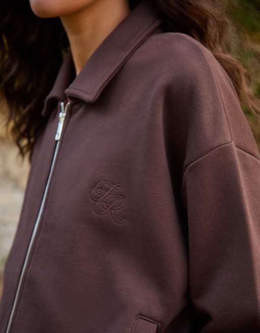 4th & Reckless heavyweight cotton collared zip up bomber sweat jacket in chocolate - part of a set, 3 of 4