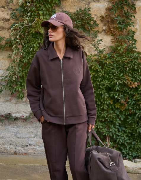 4th & Reckless heavyweight cotton rich collared zip up bomber sweat jacket in chocolate (part of a set) - view 1