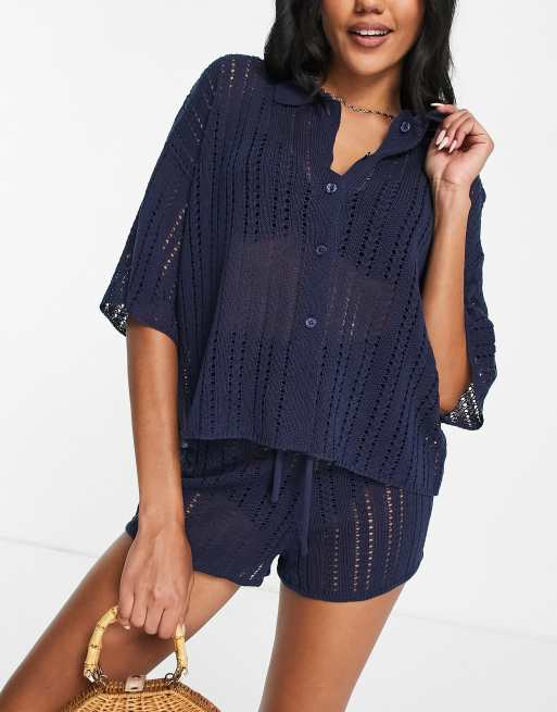 4th & Reckless Henrique open-knit beach shirt in navy (Part of a set)