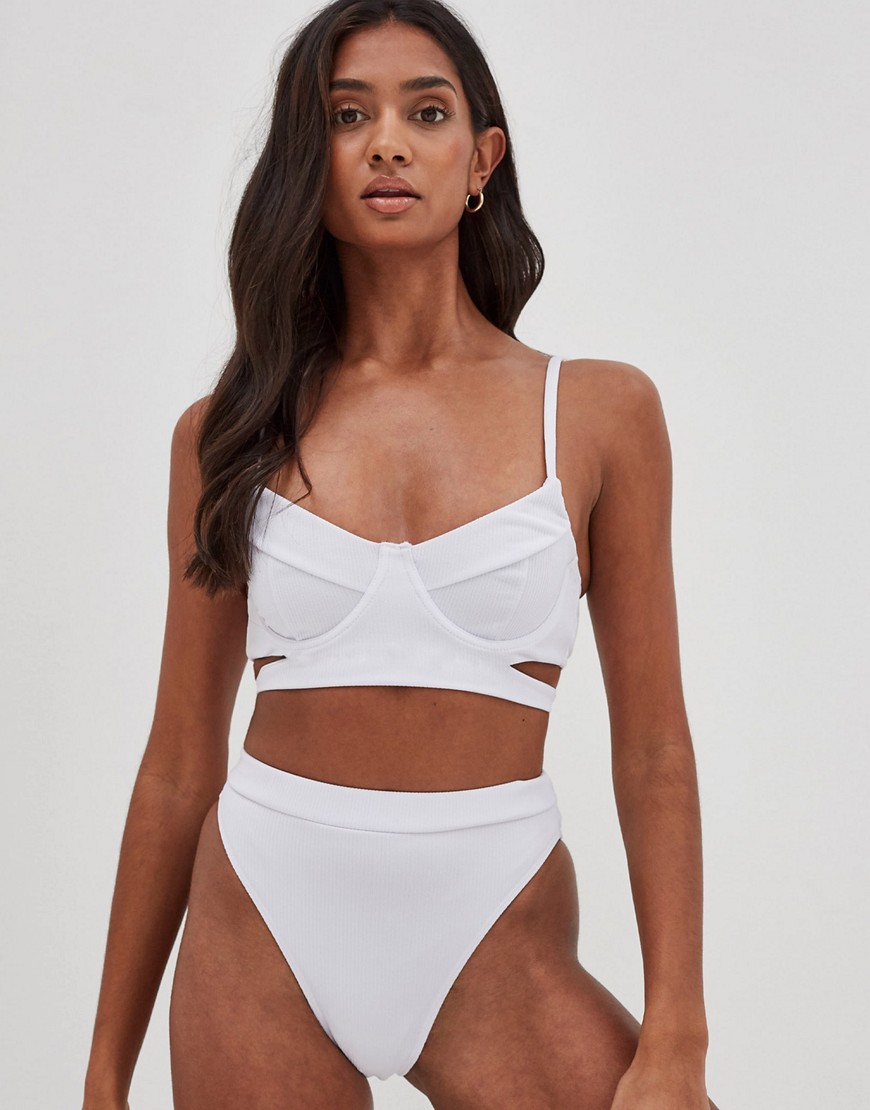 4th & Reckless Hera button front rib bikini top in white