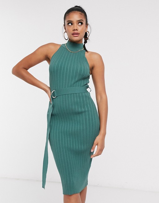 4th & Reckless high neck belted ribbed midi dress in teal