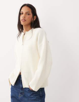 4th & Reckless High Neck Double Zip Knit Bomber Jacket In White