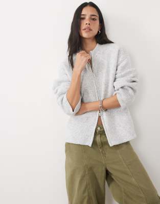 4th & Reckless High Neck Double Zip Knit Bomber Jacket In Gray