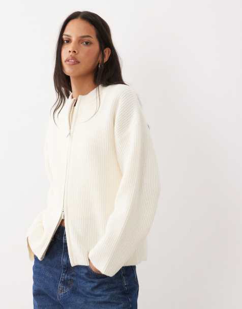 4th & Reckless high neck double zip knitted bomber jacket in cream - view 1