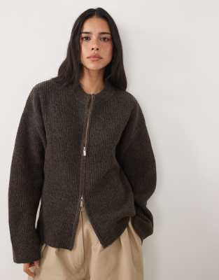4th & Reckless High Neck Double Zip Knitted Rib Jacket In Burgundy