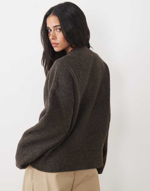 4th & Reckless high neck double zip knitted rib jacket in chocolate, 2 of 4