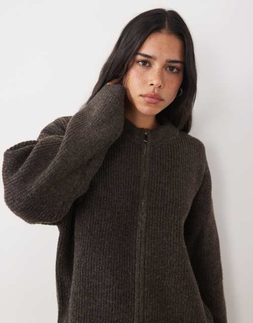 4th & Reckless high neck double zip knitted rib jacket in chocolate, 3 of 4