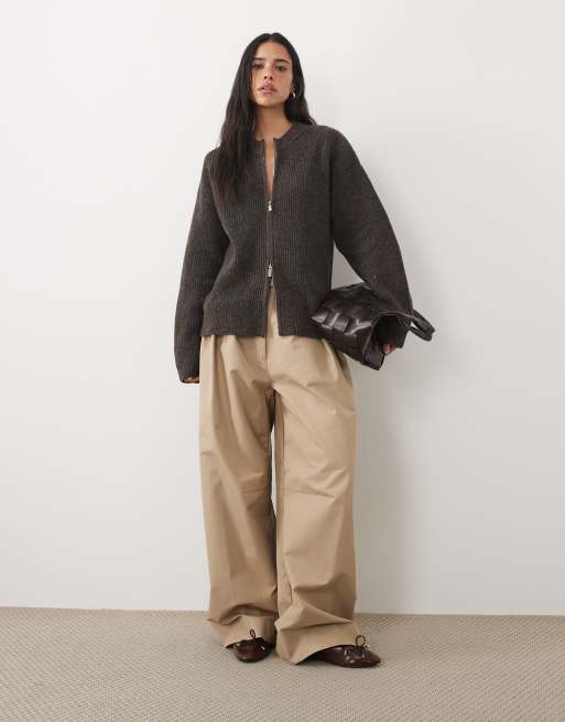 4th & Reckless high neck double zip knitted rib jacket in chocolate, 4 of 4